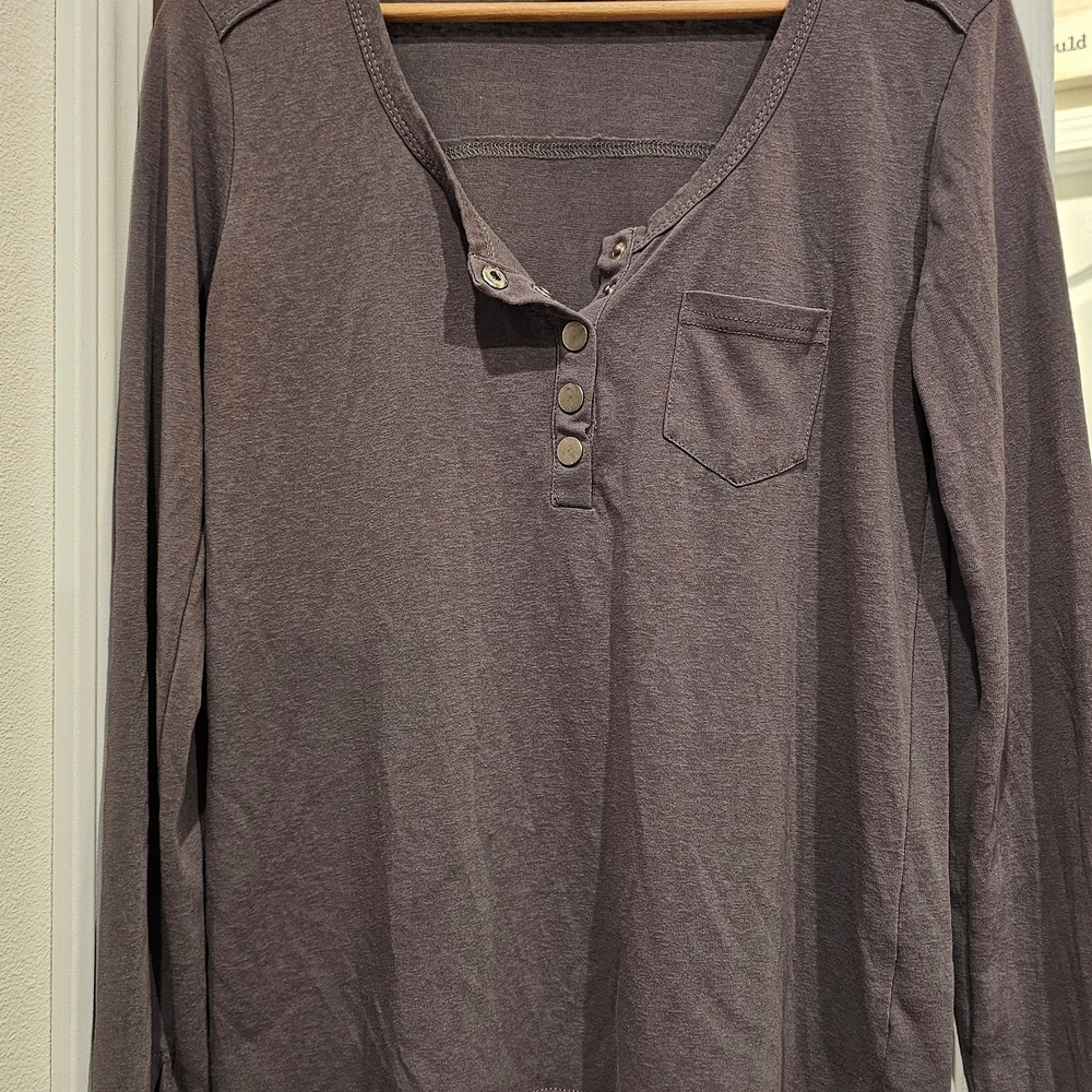 POL Women's Long Sleeve Henley Top - Charcoal